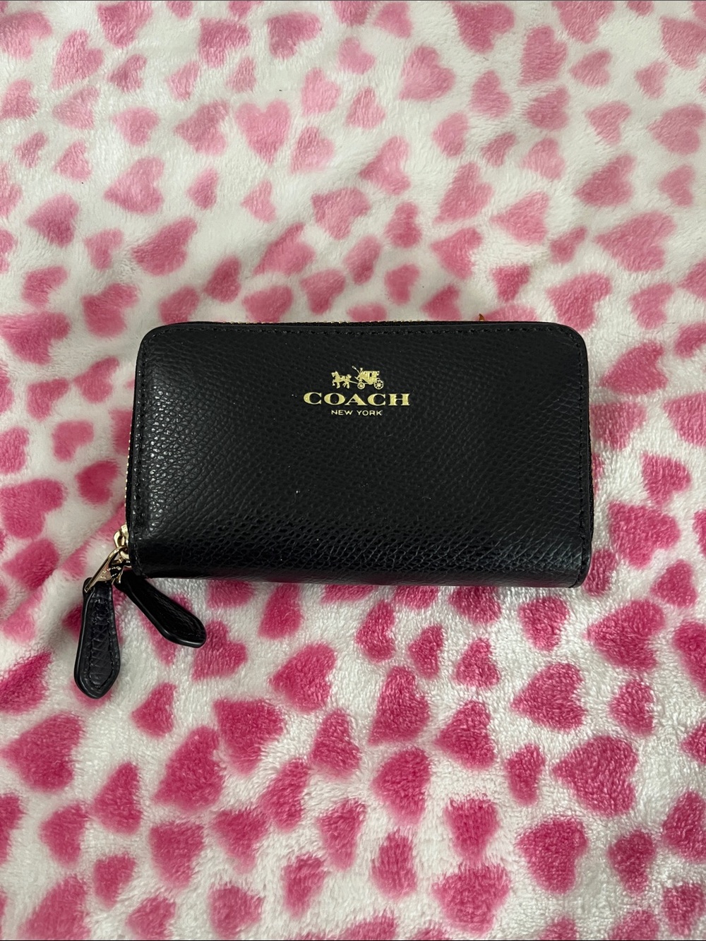 COACH Black Pebbled Leather Zip Wallet with Gold Logo